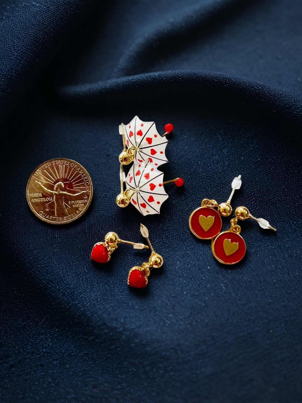 Teeny Tiny Umbrella Gold-Tone Red Hearts and Hearts Drop Earring Set of 3 - Picture 16 of 16